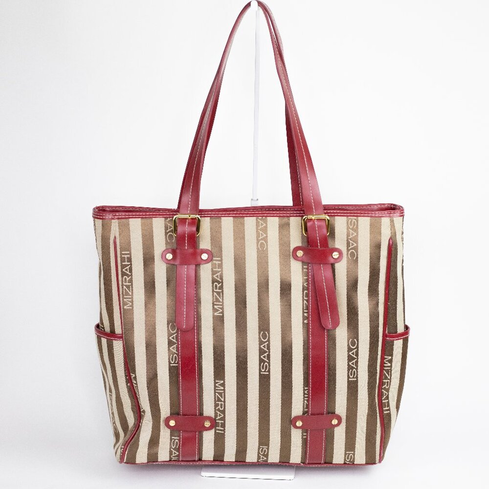Isaac Mizrahi Striped Logo Tote Bag with Red Faux Leather Trim